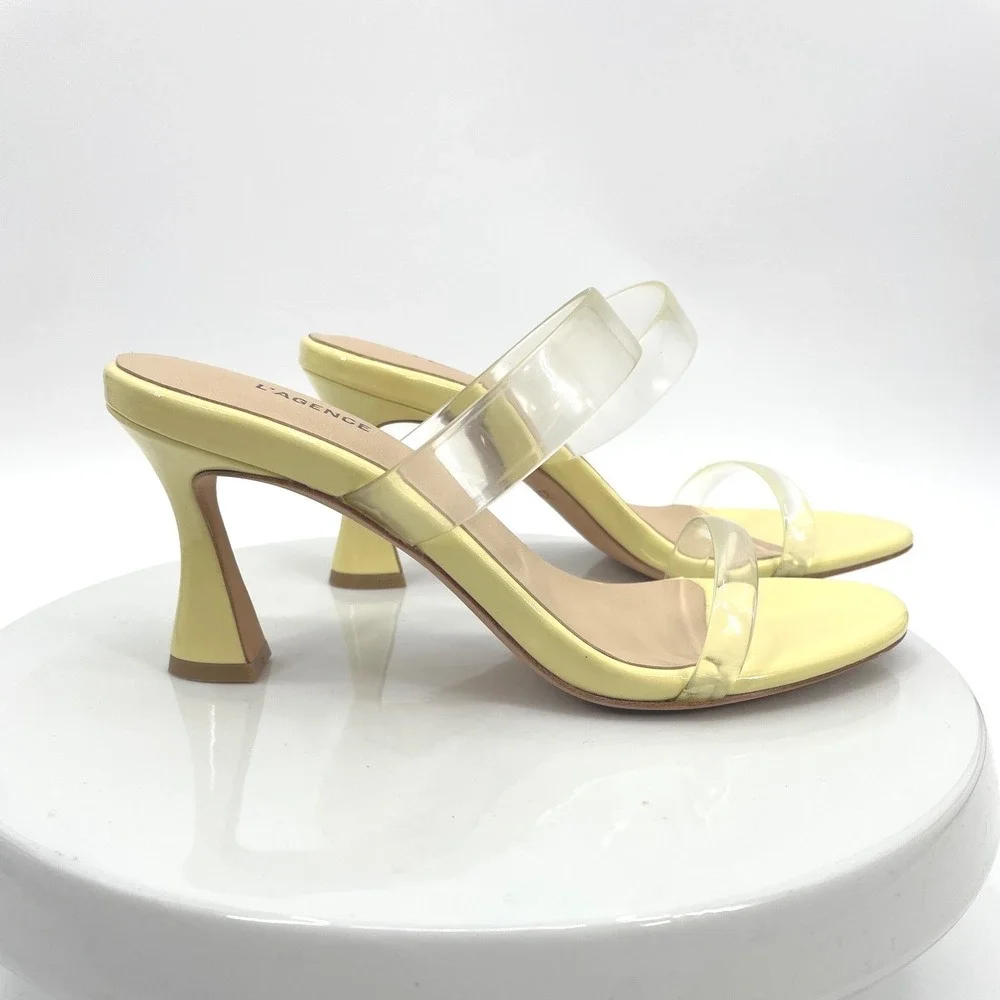 L'AGENCE Idalie Slide Sandals‎ Womens 6 Yellow Leather Clear Strap Mule Heel